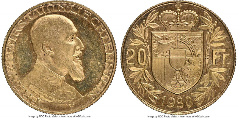 Franz I gold 20 Franken 1930 MS64 NGC, KM-Y12. Mintage: 2,500. AGW 0.1867 oz. 
...