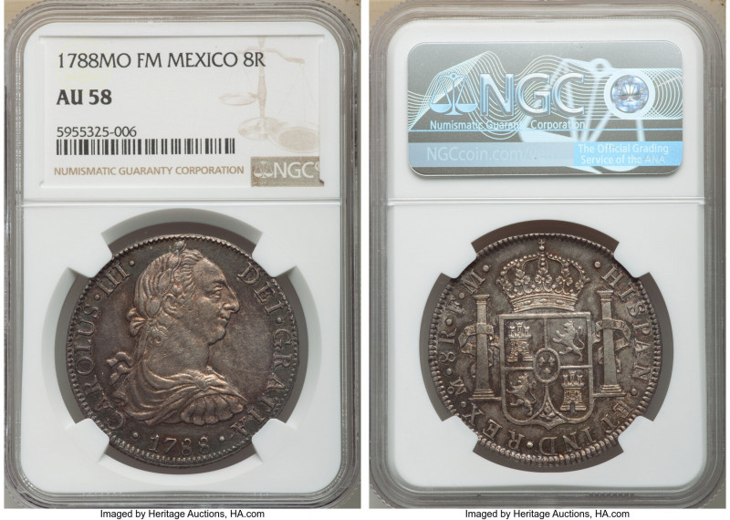 Charles III 8 Reales 1788 Mo-FM AU58 NGC, Mexico City mint, KM106.2a. Well struc...