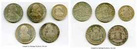 Charles IV 5-Piece Lot of Uncertified Reales, 1) 1/2 Real 1801 Mo-FT - AU, KM72. 16.3mm. 1.69gm 2) Real 1800 Mo-FM - XF (Cleaned), KM81. 21.1mm. 3.39g...