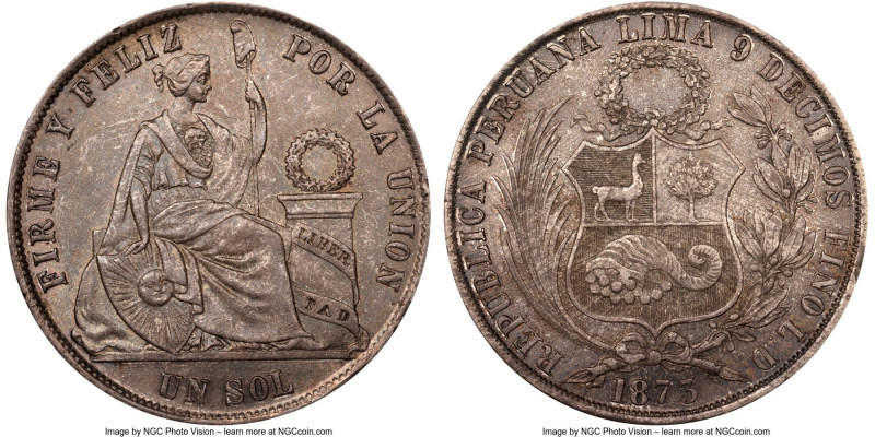 Republic Sol 1873-LD MS64 NGC, Lima mint, KM196.4. Arabic "1" variety. Olive-gra...