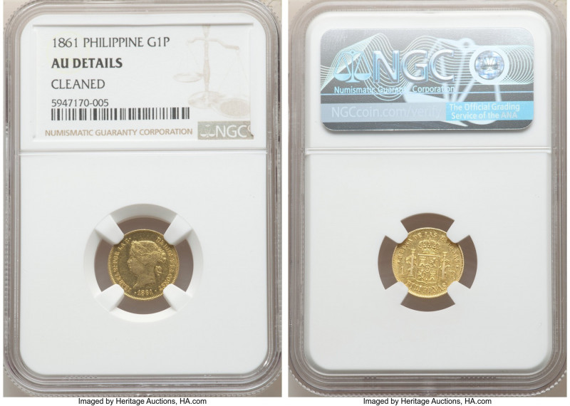 Spanish Colony. Isabel II gold Peso 1861 AU Details (Cleaned) NGC, Manila mint, ...