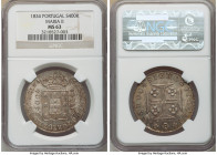 Maria II 400 Reis 1834 MS63 NGC, Lisbon mint, KM403.2. Radiant backlit luster sheathed in a coat of dove-gray and olive brown toning. 

HID098012420...