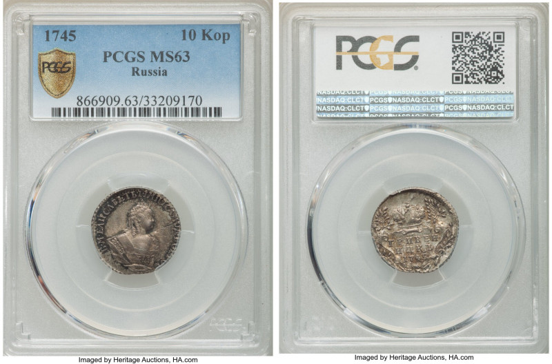 Elizabeth 10 Kopecks 1745 MS63 PCGS, Moscow mint, KM-C16. Taupe, brown and charc...