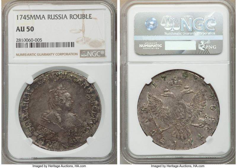 Elizabeth Rouble 1745-MMД AU50 NGC, Moscow mint, KM-C19.1. Masked in lavender an...