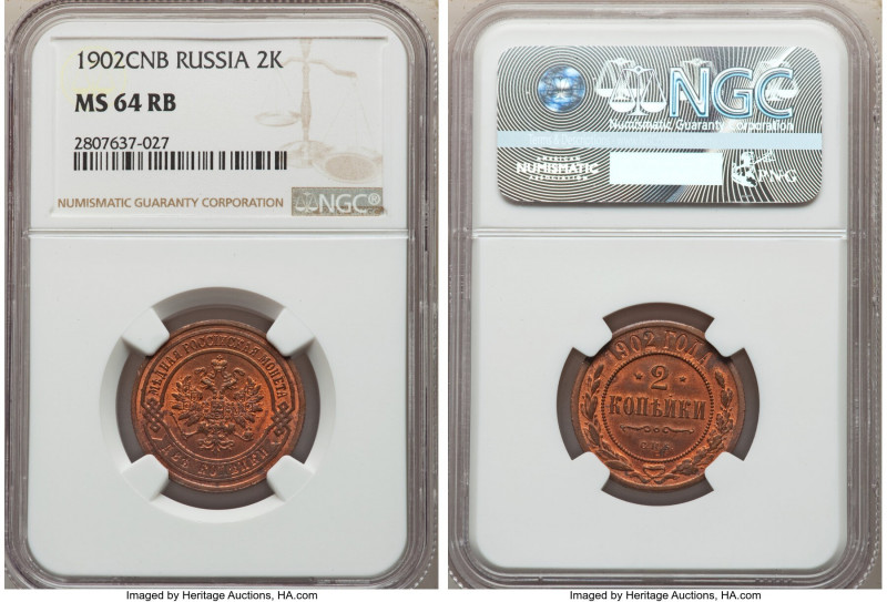 Nicholas II 2 Kopecks 1902-CПБ MS64 Red and Brown NGC, St. Petersburg mint, KM-Y...