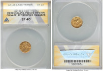 Visigoths. Anonymous Pseudo-Imperial gold Tremissis ND (c. 6th Century) XF40 Details (Damaged) ANACS, cf. MEC I-194 (different dies) Belfort-Unl., Tom...