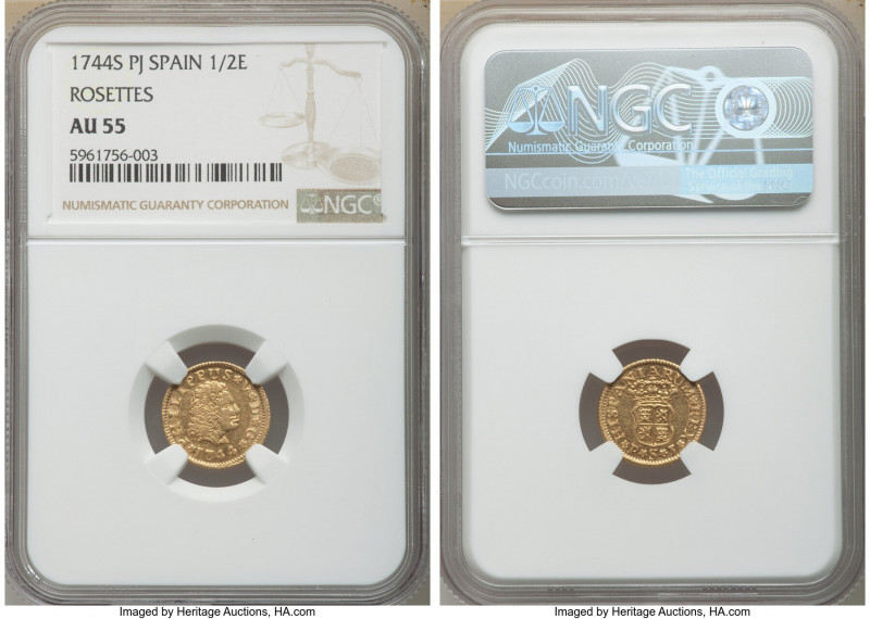 Philip V gold 1/2 Escudo 1744 S-PJ AU55 NGC, Seville mint, KM361.2. Rosettes in ...