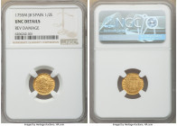 Ferdinand VI gold 1/2 Escudo 1755 M-JB UNC Details (Reverse Damage) NGC, Madrid mint, KM378. First "5" in date appears to be 5/5 but not noted on hold...