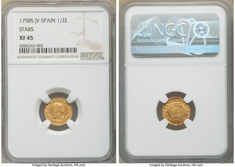 Ferdinand VI gold 1/2 Escudo 1758 S-JV XF45 NGC, Segovia mint, KM374. Stars in l...