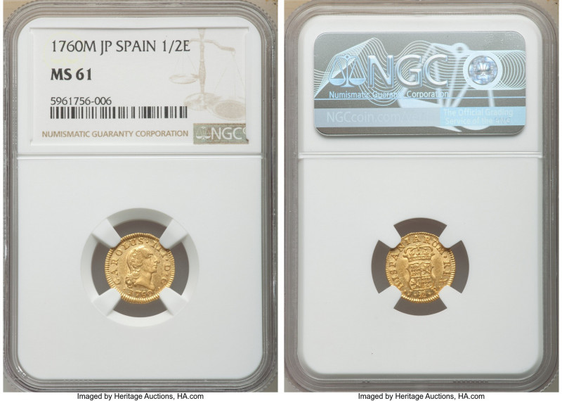 Charles III gold 1/2 Escudo 1760 M-JP MS61 NGC, Madrid mint, KM389.1. Scratches ...