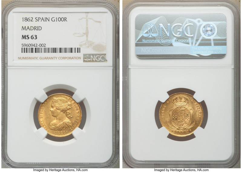 Isabel II gold 100 Reales 1862 MS63 NGC, Madrid mint, KM605.2. Gleaming luster o...