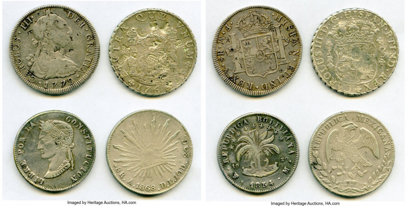 4-Piece Lot of Uncertified Assorted Crowns, 1) Bolivia: Charles III 8 Reales 176...