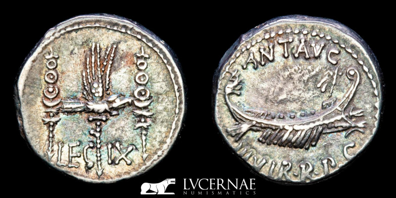 Roman Republic - Mark Antony, silver denarius. Patrae mint, 32-31 BC. 

ANT•AVG ...