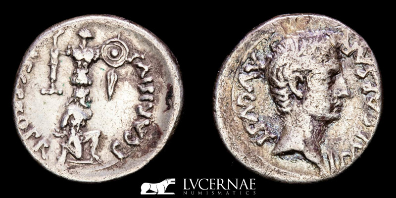 Roman Empire - Augustus - SIlver Denarius. P. Carisius, legate. Emerita, circa 2...