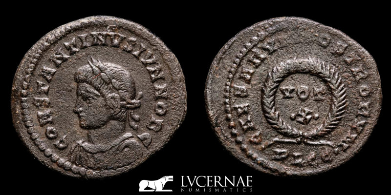 Rare Constantine II (caesar 316-337) bronze follis. Lugdunum mint, A.D. 323-324....