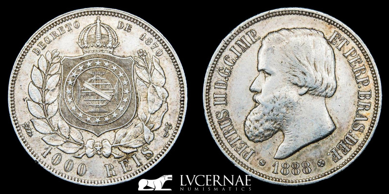 Brazil - 1000 Réis - Pedro II
1888
Silver (.917) • 12.75 g • ⌀ 30 mm
KM# 481 
St...