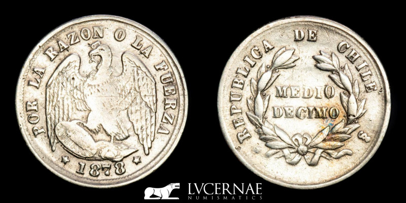 Chile.
½ Décimo
1878
Silver (.835) • 1.16 g • ⌀ 15.5 mm
KM# 137.2