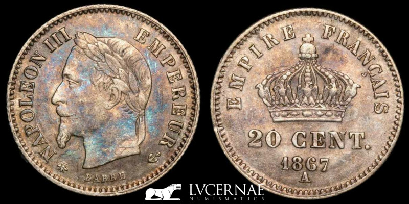 20 Centimes - Napoleon III
1867
Silver (.835) • 1 g • ⌀ 16 mm
F# 150, Gad# 309, ...