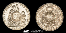 Guatemala  Silver .900 1 peso count-stamped on Peru 1 sol 1889 25,00 g, 37 mm Guatemala 1894 Extremely fine +