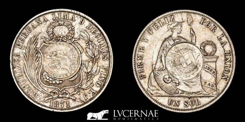 Republic of Guatemala 1 peso Silver “1/2 Real” Counter-stamped on 1871 Peru 1 So...