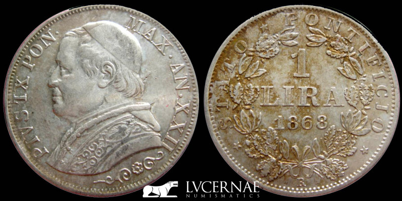 1 Lira - Pius IX
year XXII (1868) R - Rome
Silver (.835) • 5 g • ⌀ 23.3 mm
KM# 1...