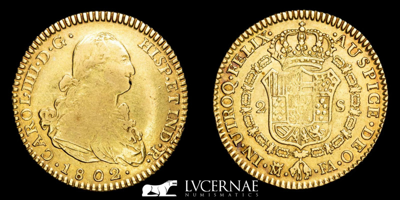 Spain - Carlos IV (1788- 1808). 

Gold 2 escudos. Madrid. 1802. F.A.

6.74 g. 23...