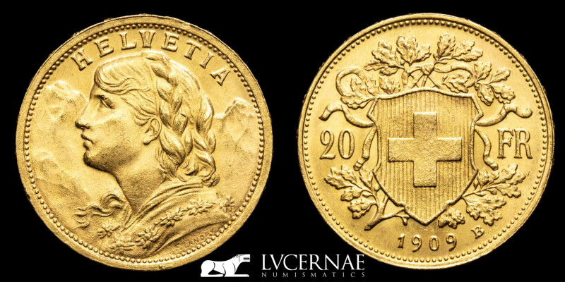 Switzerland - 20 gold francs. Minted in Bern (Switzerland), 1909.

HELVETIA. You...