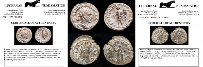 Lot of 2 silver antoninianus.

Trajan Decius - Gallienus

Lot sold as seen - no ...