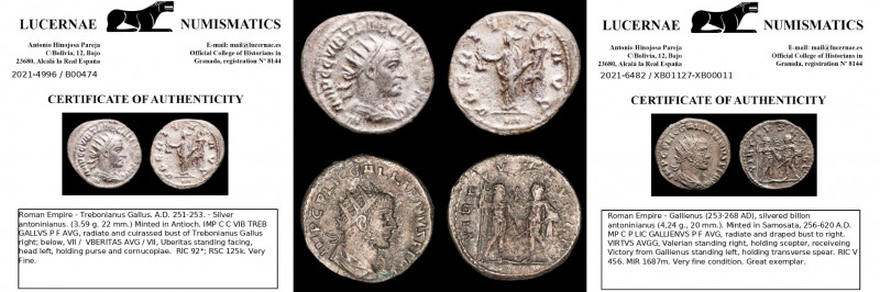 Lot of 2 silver antoninianus.

Trebonianus Gallus - Gallienus

Lot sold as seen ...