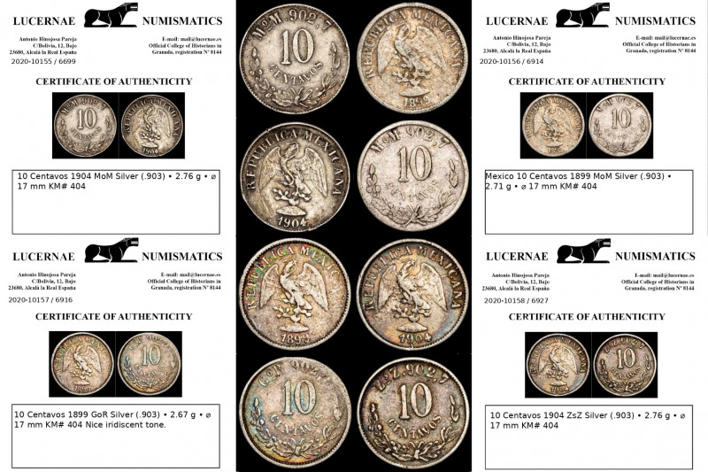 Lot of 4 Mexico 10 centavos silver 1899 (2), 1904 (2)

Lot sold as seen - no ret...