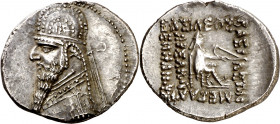 Imperio Parto. Mithradates II (123-88 a.C.). Dracma. (S. 7372). Golpes en canto. Ex UBS 15/09/1997, nº 212. 4,14 g. (EBC).