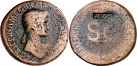 (42 d.C.). Agripina madre. Sestercio. (Spink 1906) (Co. 3) (RIC. 102, de Claudio). Contramarca NCAPR en cartela del reverso. 26,45 g. BC+/BC-.