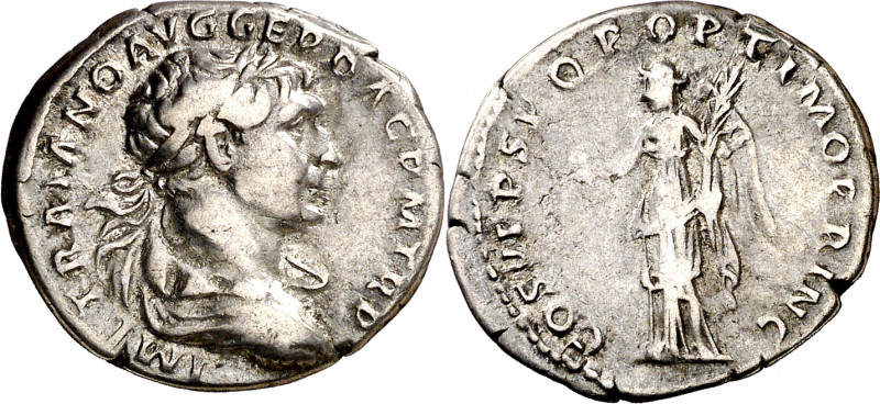 (107 d.C.). Trajano. Denario. (Spink 3129 var) (S. 75 var) (RIC. 128 var). 3 g. ...