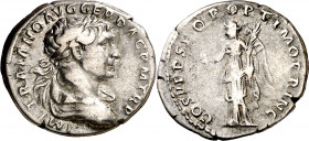 (107 d.C.). Trajano. Denario. (Spink 3129 var) (S. 75 var) (RIC. 128 var). 3 g. MBC-.