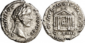 (158 d.C.). Antonino pío. Denario. (Spink 4107 var) (S. 809) (RIC. 143). 3,27 g. MBC+.