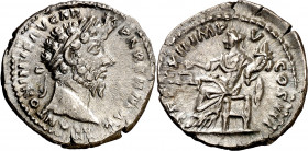 (168 d.C.). Marco Aurelio. Denario. (Spink 4936) (S. 899) (RIC. 191). 3,60 g. MBC+.