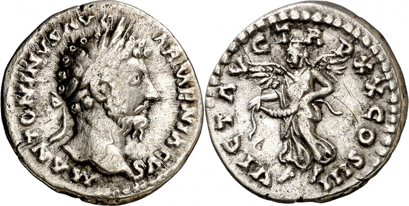 (166 d.C.). Marco Aurelio. Denario. (Spink. 4954) (S. 988) (RIC. 157). 3,17 g. M...