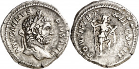 (210 d.C.). Caracalla. Denario. (Spink 6869 var) (S. 477) (RIC. 117a). 3,53 g. MBC/MBC-.