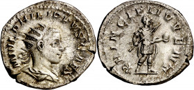 (245-246 d.C.). Filipo II. Antoniniano. (Spink 9242) (S. 54) (RIC. 216c). Ex ANE 25/06/1987, nº 612, como denario. 4 g. MBC+.