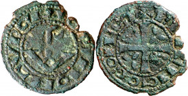Comtat d'Urgell. Ermengol VIII (1184-1209). Agramunt. Diner. (Cru.V.S. 119) (Cru.C.G. 1935a). Cospel faltado. Pátina verde. Escasa. 0,84 g. (BC+).