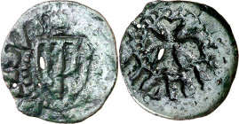 Alfons IV (1416-1458). Sardenya (L'Alguer). Diner. (Cru.L. 2484 a 2486) (Cru.C.G. 3619) (MIR. 1) (Piras 85). Tres agujeritos. Rara. 0,52 g. (MBC-).