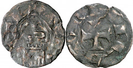 Alfonso VII (1126-1157). Toledo. Dinero. (AB. 96). Leyendas parcialmente visibles. Grieta. Escasa. 0,76 g. (BC+).