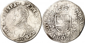 1557. Felipe II. Amberes. 1 escudo felipe. (Vti. 1169) (Vanhoudt 253.AN). Con el título de rey de Inglaterra. Rayitas. 32,40 g. BC+.