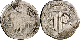 1598. Felipe III. Perpinyà. Doble sou. (AC. 51). Contramarca: cabeza de San Juan, realizada en 1603. Grieta. 2,52 g. MBC-/MBC.