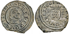 1663. Felipe IV. Burgos. R. 4 maravedís. (AC. 188). Pátina verde. Cospel irregular. 0,96 g. (MBC+).