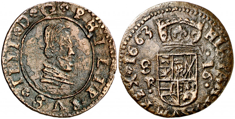 1663. Felipe IV. Sevilla. R. 16 maravedís. (Barrera 71) (J.S. pág. 470-471). Fal...