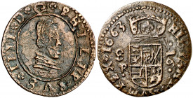 1663. Felipe IV. Sevilla. R. 16 maravedís. (Barrera 71) (J.S. pág. 470-471). Falsa de época. 4 g. MBC-/MBC+.