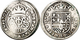 1707. Carlos III, Pretendiente. Barcelona. 2 reales. (AC. 27). 4,60 g. BC+.