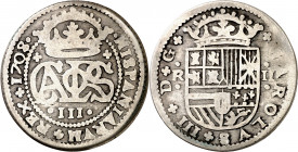 1708/7. Carlos III, Pretendiente. Barcelona. 2 reales. (AC. 28). 4,06 g. BC+.