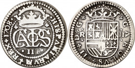 1708. Carlos III, Pretendiente. Barcelona. 2 reales. (AC. 29). Rayas que afectan al ordinal del rey. 4,25 g. MBC-.